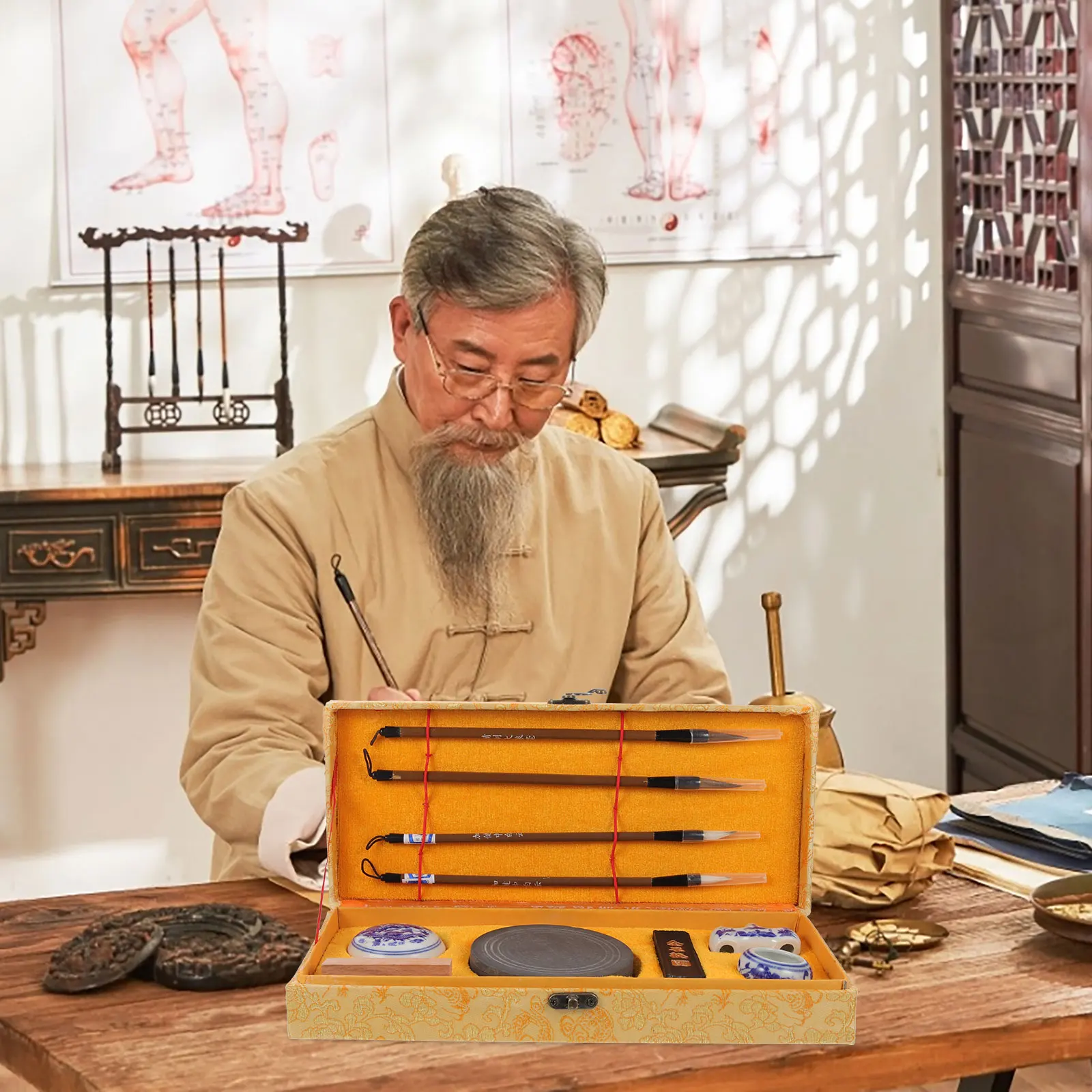 

1 Set Chinese Ink Stone Gift Set Premium Portable Smooth For Calligraphy Practice Writing Brush Ink Stick Art Supplies School