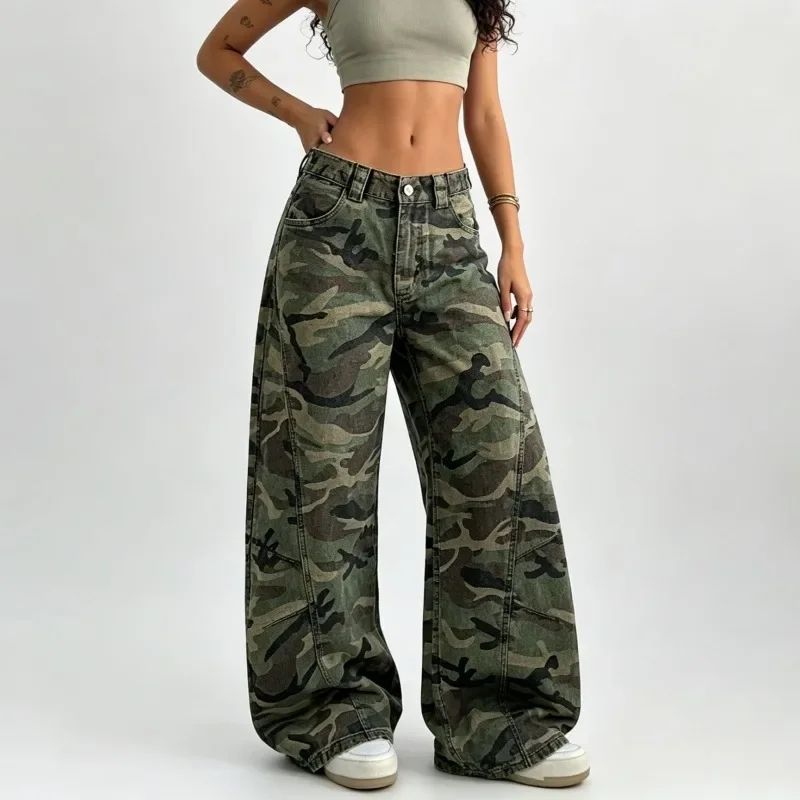 Women Army Green Camouflage Wide Leg Cargo Pants Loose Baggy Casual Streetwear Long Trousers For Ladies Daily Outfit