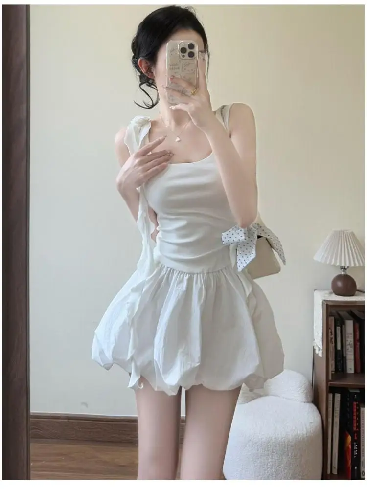 White Ruffle Bubble Mini Dress Women Summer Elegant High Waist Puffy Short Skirt for Beach Vacation