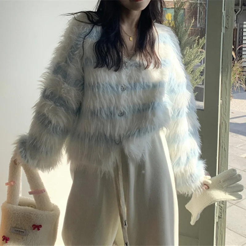 Sweet V Neck Stripe Soft Fuzzy Long Sleeve Cardigan Women Loose Cute Sweater Spring Autumn Single Breasted Hairy Knitted Jackets