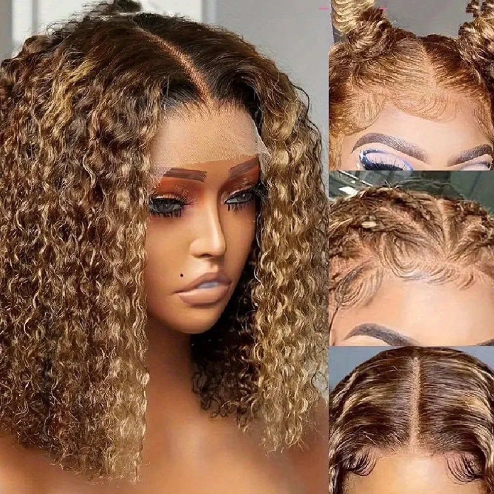 250 Density Highlight Curly Bob Wigs Brazilian Human Hair 16 18 Inch Short Deep Wave Style 4/27 Honey Brown Highlight Tone 13x4 Transparent Lace Frontal Wigs