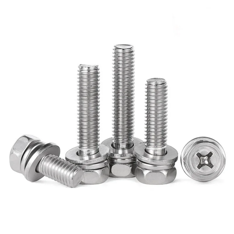 Stainless Steel Cross Phillips External Hex Head SEM Screw With Flat Washer Spring Gasket Three Combination Screw M3M4M5M6M8M10