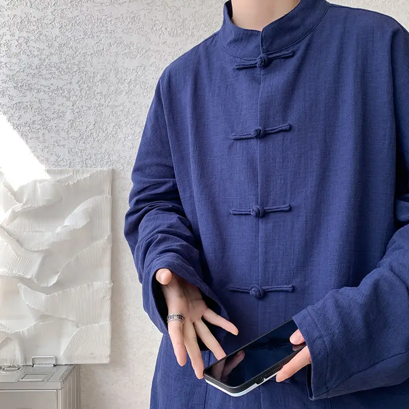 New Chinese Style Linen Shirt Men's Fashion Republic of China Tang Suit Hanfu Long Coat Male Ethnic Clothing Cotton 100%