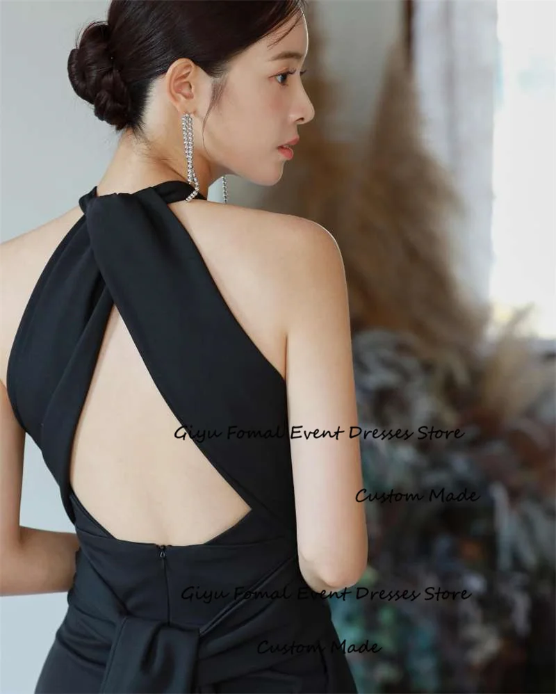 Giyu Simple Black Evening Dresses Korea Photoshoot Halter Floor Length Formal Wedding Soft Satin Prom Gowns Customized