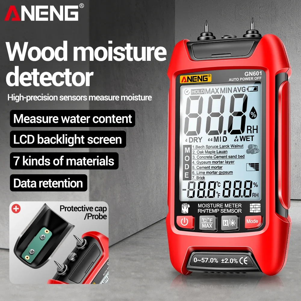 ANENG GN601 Wood Moisture Tester 7 Material Detection Temp Humidity ℃/℉ Backlight Data Hold Auto Off Building Material Test Tool