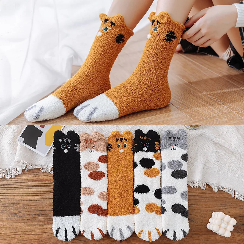 Women Funny Cartoon Animal Cat Paw Socks Winter Warm Fuzzy Socks Home Floor Sleeping Socks Fluffy Soft