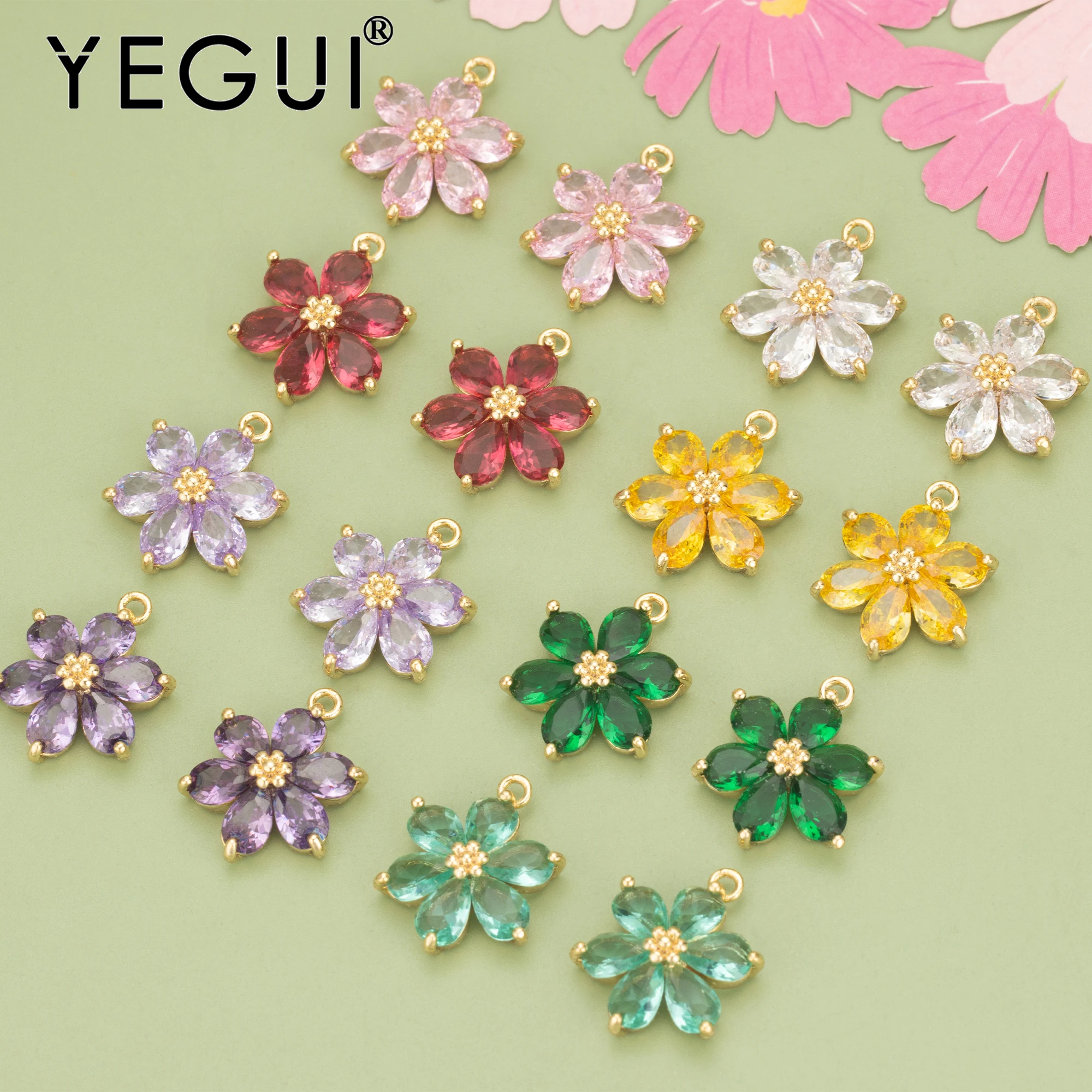 YEGUI MC78,jewelry accessories,18k gold plated,nickel free,copper,zircons,flower shape,charms,hand made,diy pendants,6pcs/lot
