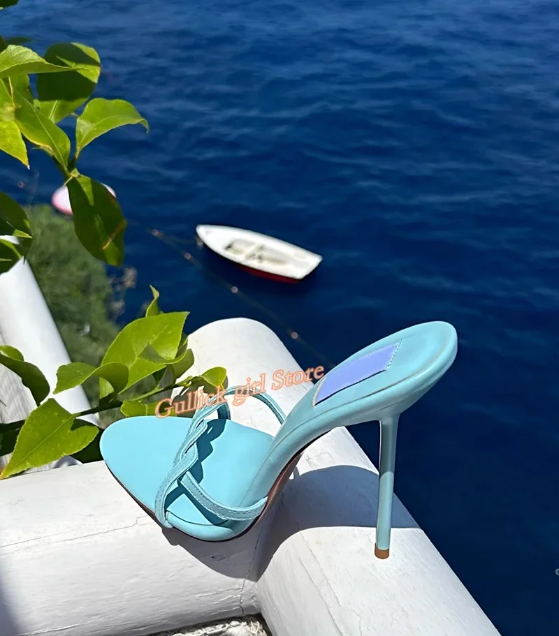 Cross Strap Leather Stiletto Slippers Thin High Heel Open Toe Runway 2025 Summer Women Dress Shoes Slip On Blue Yellow Shoes