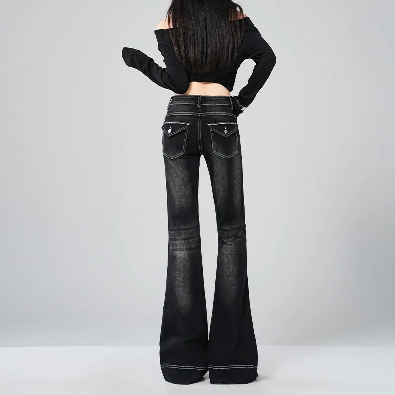 Women American High Street Black Low‑Waist Flared Denim Jeans New Autumn Slim Fit Spicy Girl Fashion Streetwear Long Pants