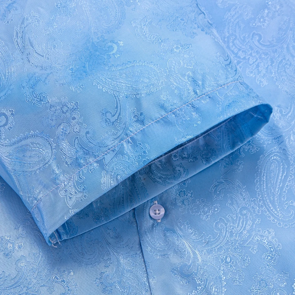 Hi-Tie Silk Sky Blue Mens Shirts Paisley Jacquard Woven Cool Short Sleeve Shirt For Men Male Gift for Father Son Husband Big XXL