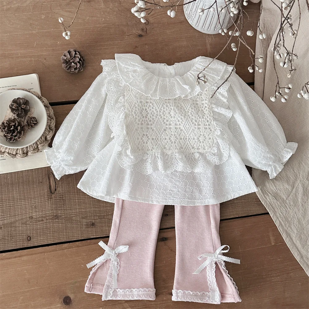 2025 Spring New Baby Clothes Girl 0-3 Years White Shirt Lace Cover Pink Bowknot Leggings 3pcs Suit Girls Cotton Clothing Set