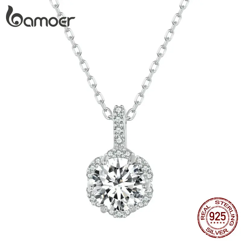 Bamoer 1 Carat Round Brilliant Cut Moissanite Pendant Necklace 925 Silver Flower Lab Diamond Test Past D Color Gemstone Necklace