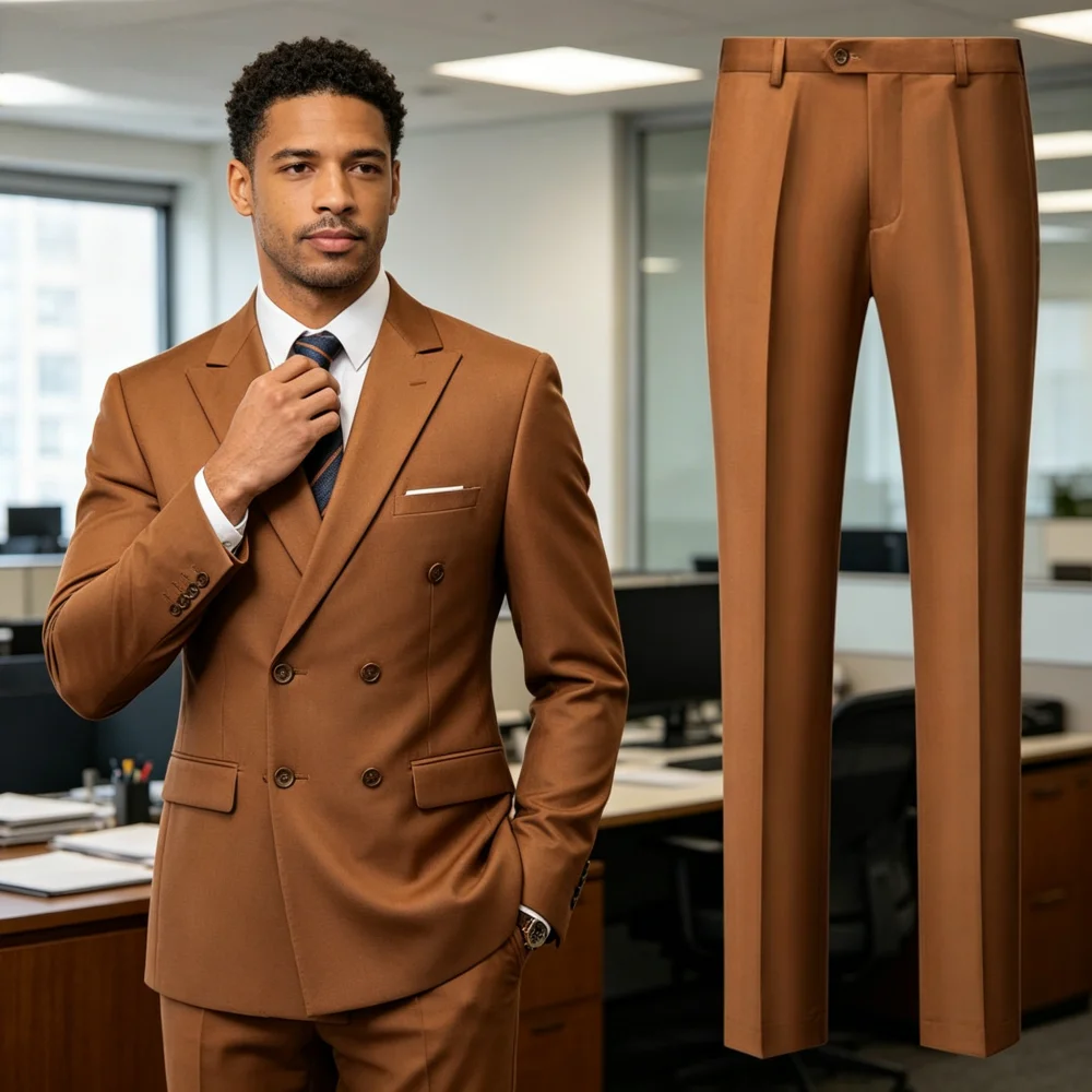 Solid Man Double-breasted 2 Piece Outfit Set Peak Lapel Wedding Business Casual Stage Costume Graduation Suit