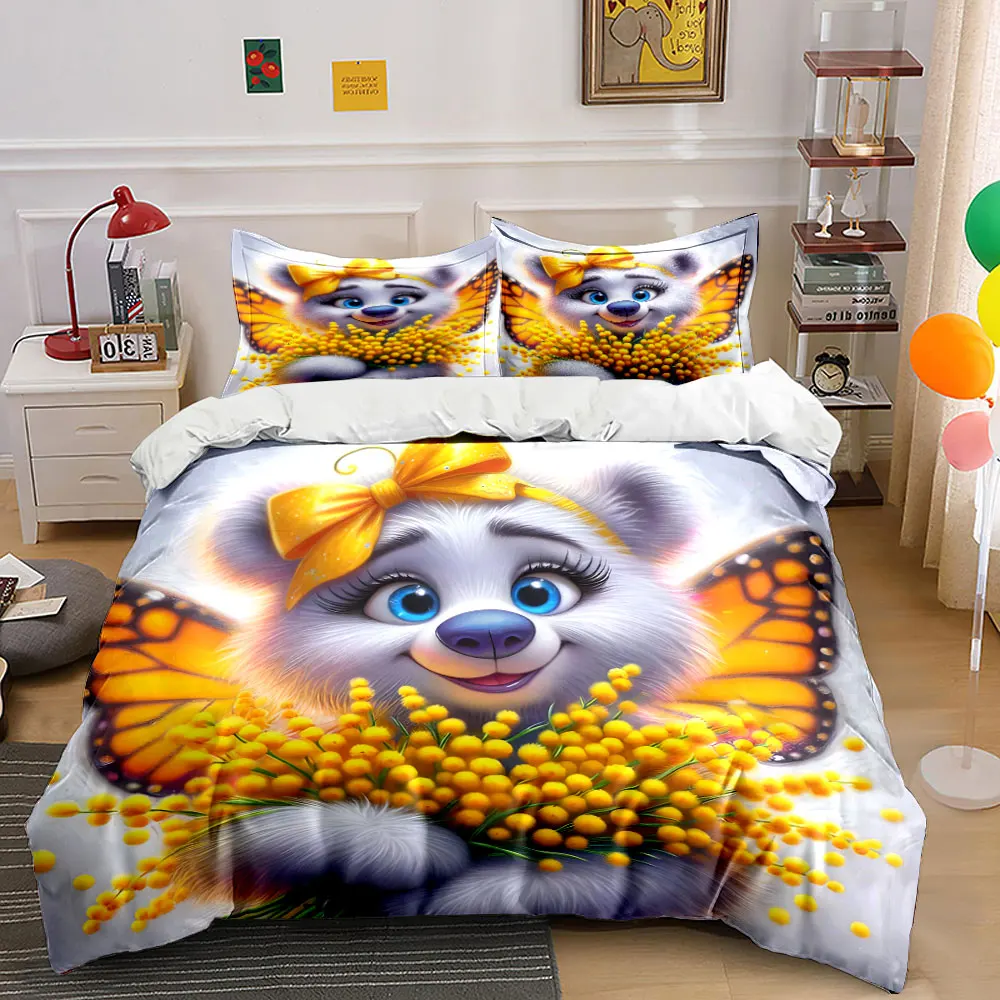 Dreamy Polar Bear Butterfly Wing Bouquet Print Bedding Set 1 Duvet Cover 2 Pillowcases for Adult Children Luxury Gift Full Size