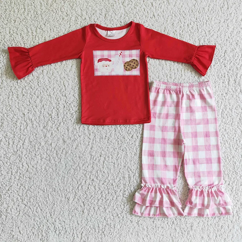 

Baby Girl Christmas Set Red Long Sleeve Santa Milk Cookie Shirt Infant Pink Plaid Ruffle Pants Kid Children Holiday New Clothes