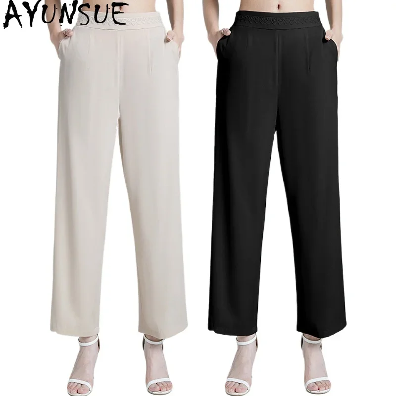 

AYUNSUE 95% Mulberry Silk Women Pants Summer 2024 High Waisted Trousers Womens Old Money Style Trouser Womans Clothing Pantalone