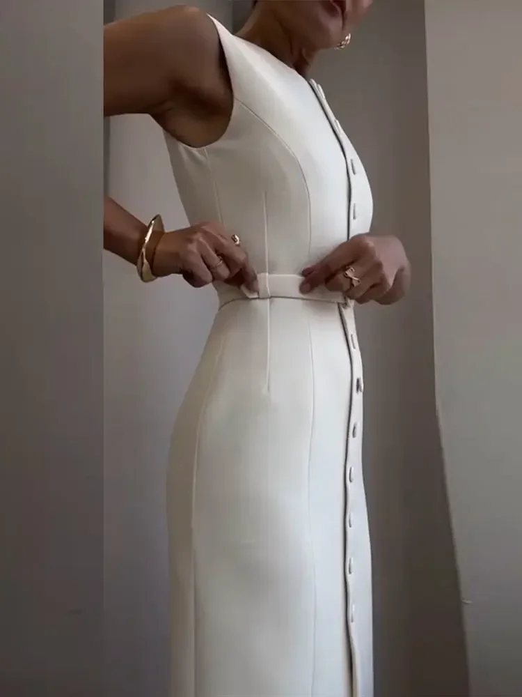 Nowa elegancka sukienka bez rękawów z pojedynczym dekoltem Paski damskie Bez rękawów O-neck Slim Dresses Commute Street Split Lady Vestidos