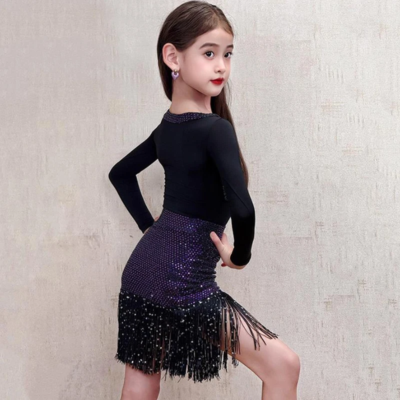 Costume de danse latine pour enfants filles, body brillant à manches longues et jupes à paillettes et pompons, ensemble de pratique de Performance Rumba Chacha