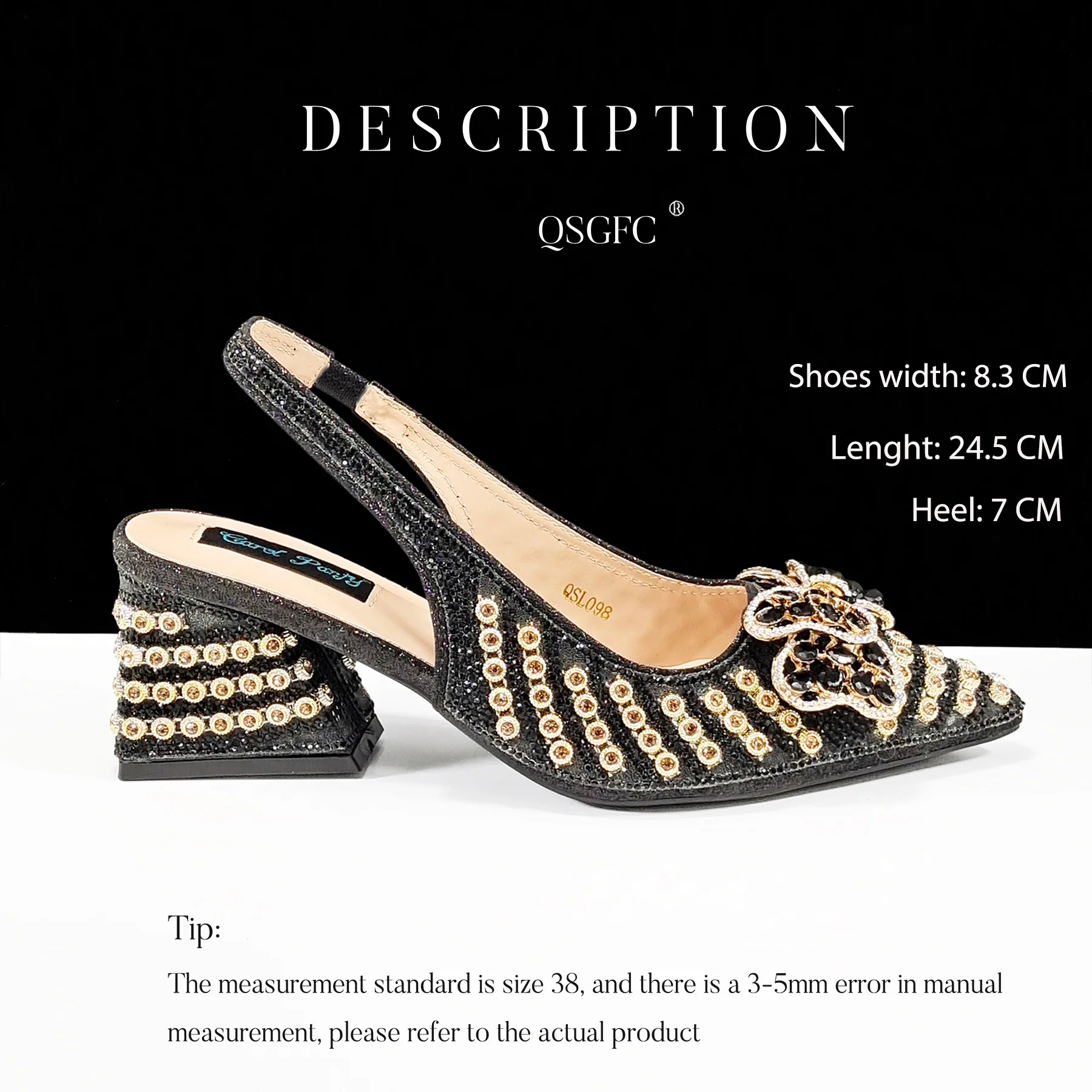 QSGFC Italian Design Black Gold Color Diamond Chain Exquisite Dual Use Handbag And High Heels For Party Women Shoes