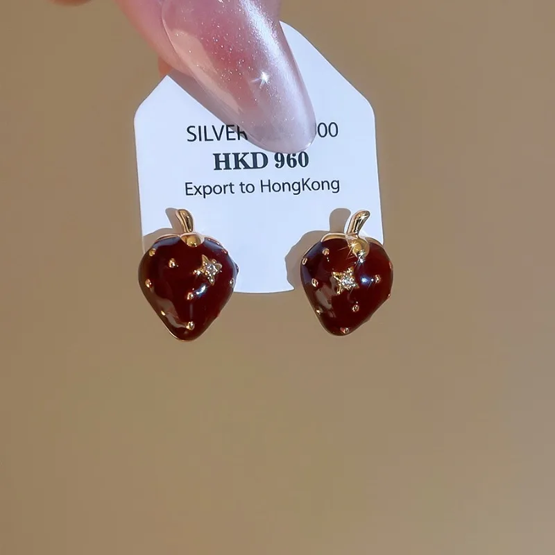 

Minar Cute Lovely Red Enamel CZ Cubic Zirconia Strawberry Simulation Fruit Drop Earrings for Women 14K Real Gold Plated Copper