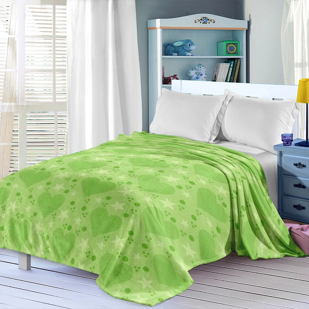Light Green Hearts Stars Flannel Blanket Perfect For Sofa Office Bed Travel Sleep Read Relax Camping Four Season Use