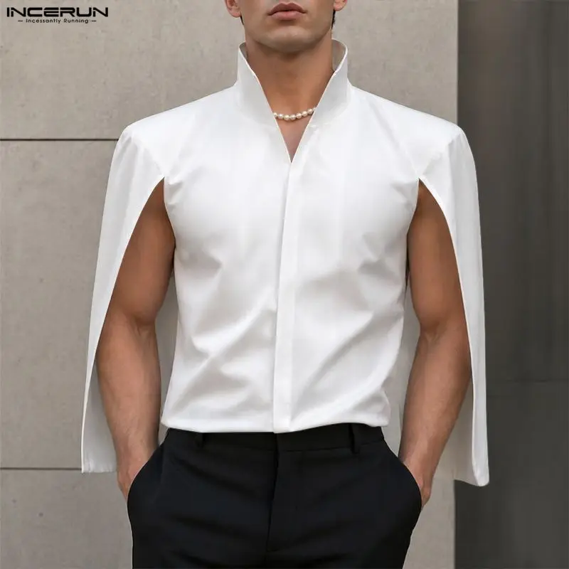 INCERUN Men's Shirt Solid Color Stand Collar Casual Ponchos Cloak For Man Tops Streetwear Personality 2026 Loose Men Clothes