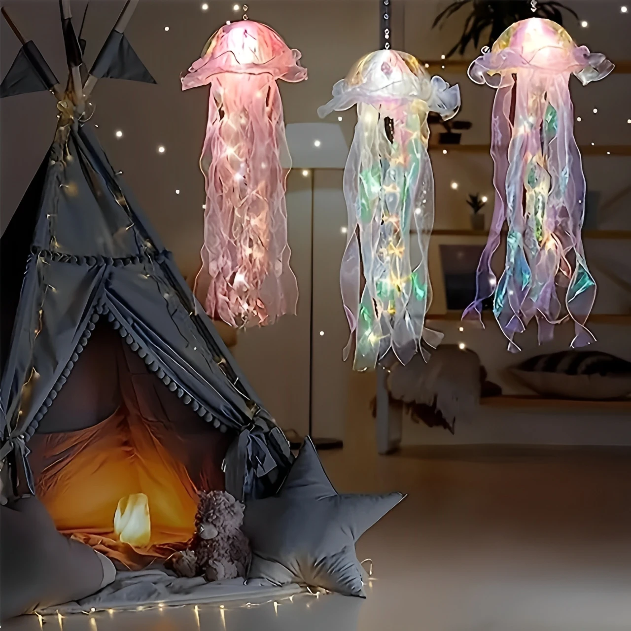 1 PC Creative LED แมงกะพรุนโคมระย้าแบตเตอรี่ Hand-ทอริบบิ้นลูกปัดสวนกลางแจ้งตกแต่งห้องนอน PARTY Photo PROP