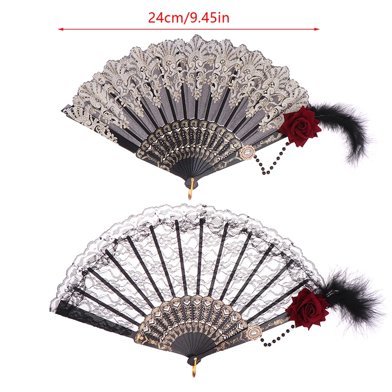 Lolita Fan Feather Rose ventaglio pieghevole stile europeo retrò placcato oro ventaglio a mano in pizzo femminile Tea Party Fans Wedding puntelli