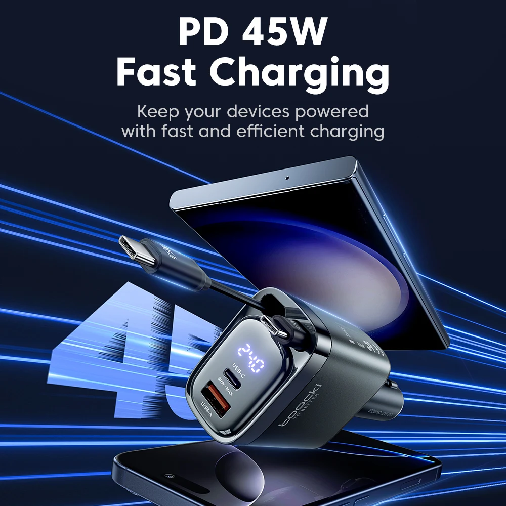 Toocki 105W Car Charger USB C Retractable Cable 0.75m PD 45W QC 3.0 SCP SFC2.0 PPS Fast Charging for iPhone 18 17 Samsung Tablet