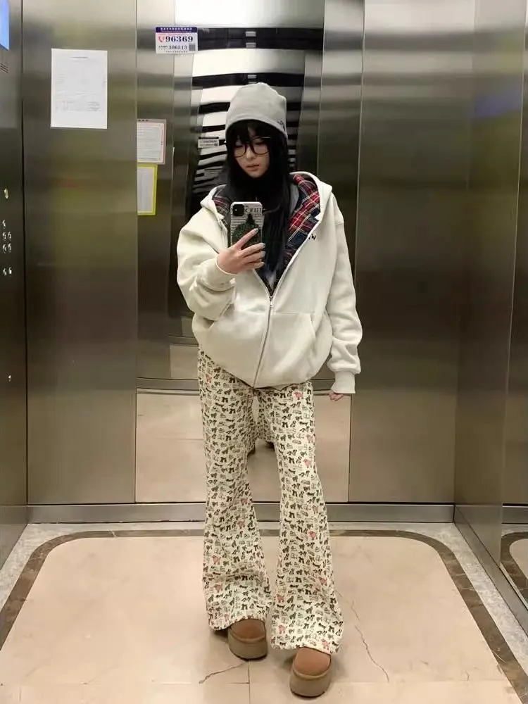 Korean Sle Hiphop Thiened Fce Hooded Zipper Cardigan Outerwear Women's Winter Loose Versatile Plaid Sweatirt