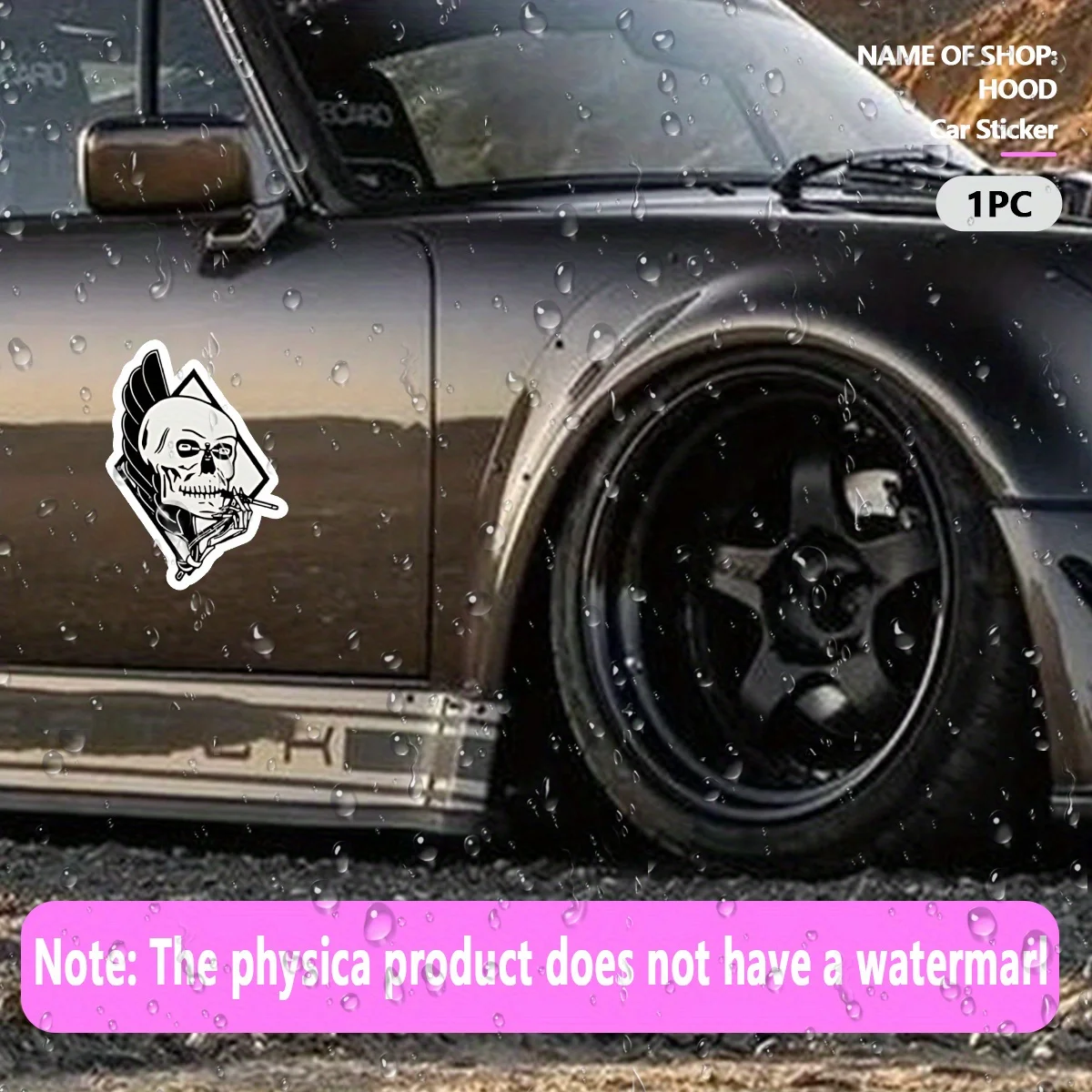 قطعة واحدة من ملصق الدراجة النارية/السيارة - جمجمة مملوءة بالحواف باللونين الأبيض والأسود، التدخين بالأجنحة -