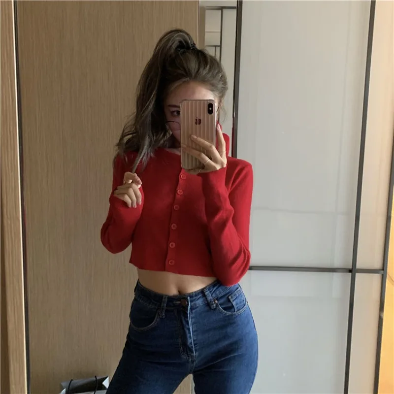 Sexy Crop Cardigan Women Autumn Long Sleeve Single Breasted Solid Simple All-match Leisure Office Lady Slim Korean Style Chic