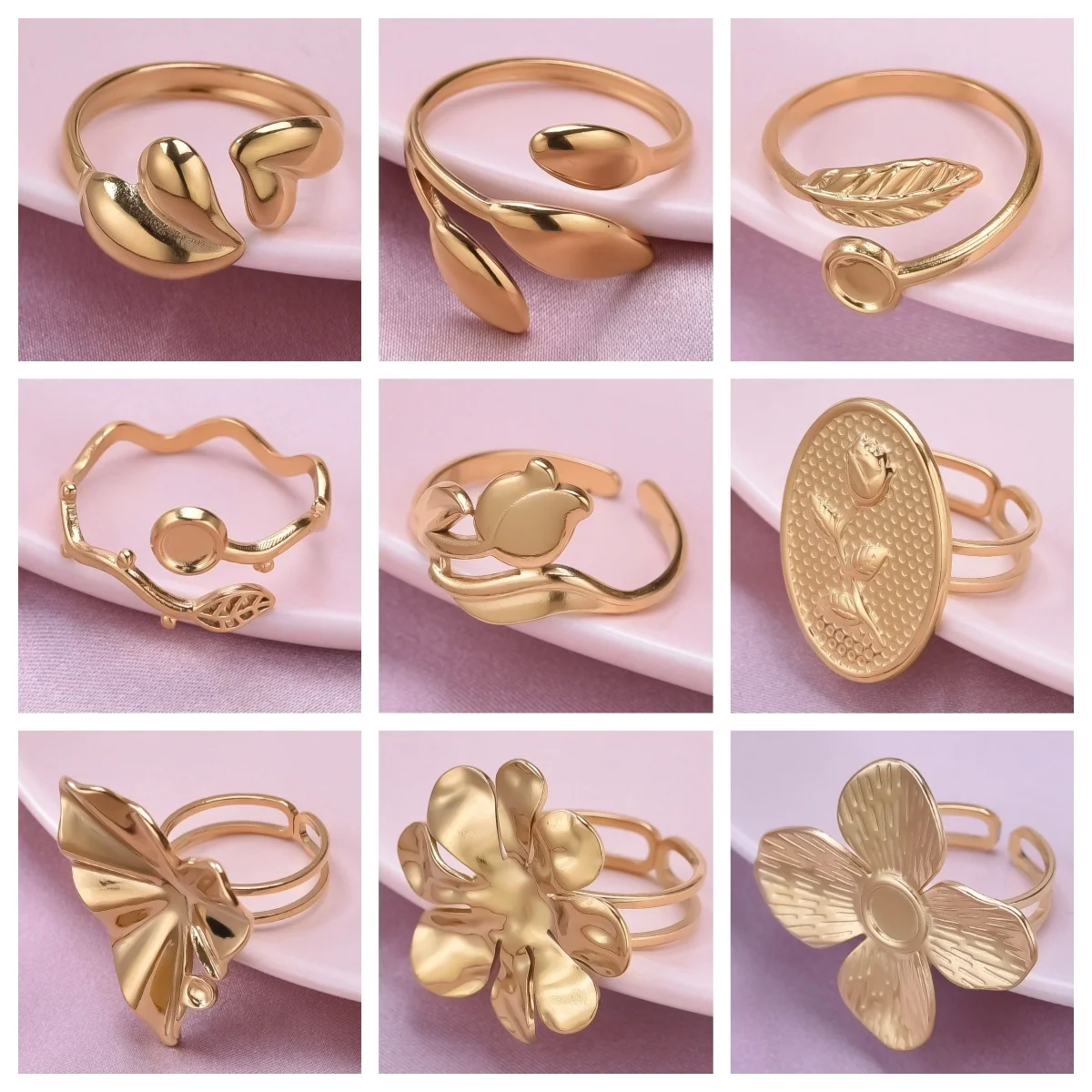 5pcs New Brief Stainless Steel Gold Color Ring Vintage Plants Leaves Rose Exquisite Open Adjustable Engagement Jewelry Anillos