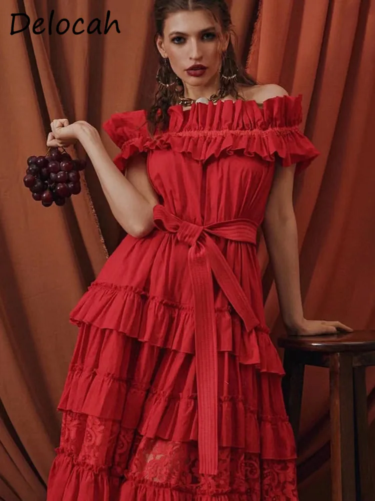 Delocah High Quality Summer Women Fashion Designer Maxi Dresses Red Color Vintage Slash Neck Sashes Ruffles Lace A-LINE Dress