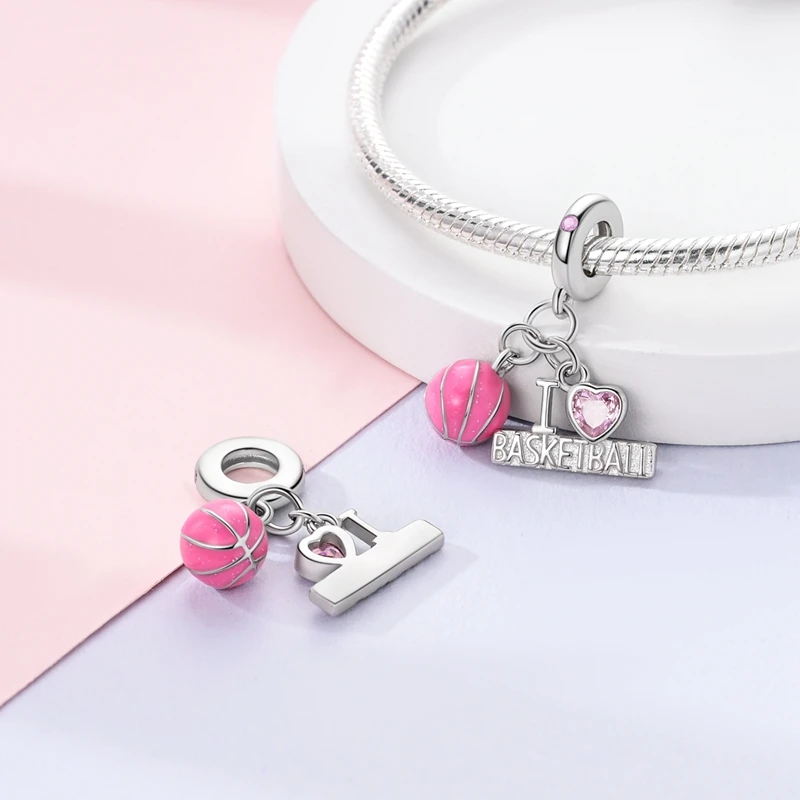 New Cute 925 Sterling Silver Pink Basketball Heart Charm Beads Charms Fit DIY Bracelets and Necklaces Dangle Pendants Fine Jewel