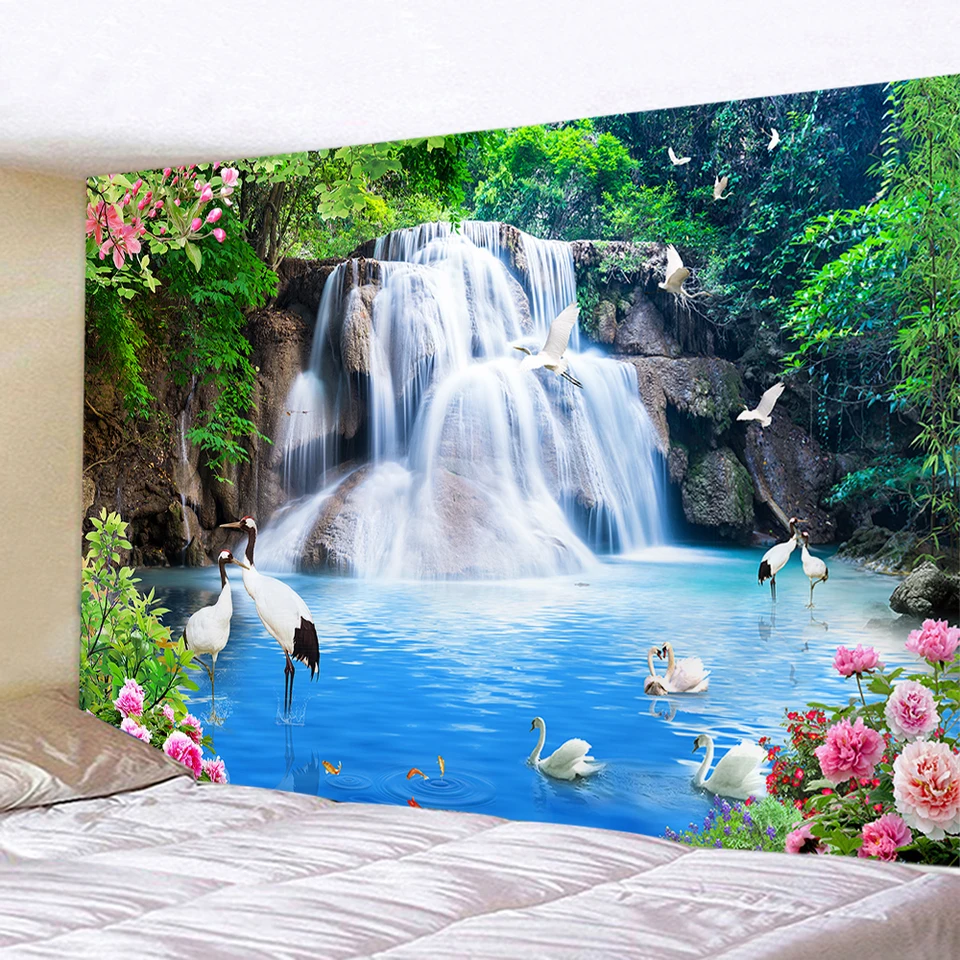 Chinese Mountain Waterfall Wall Mural – 3D Lotus & Misty Peaks Oriental Art For Bedroom, Spa, Or Zen Garden, Traditional Canvas Wallpaper, 96H X 151W (Custom Sizes Available)