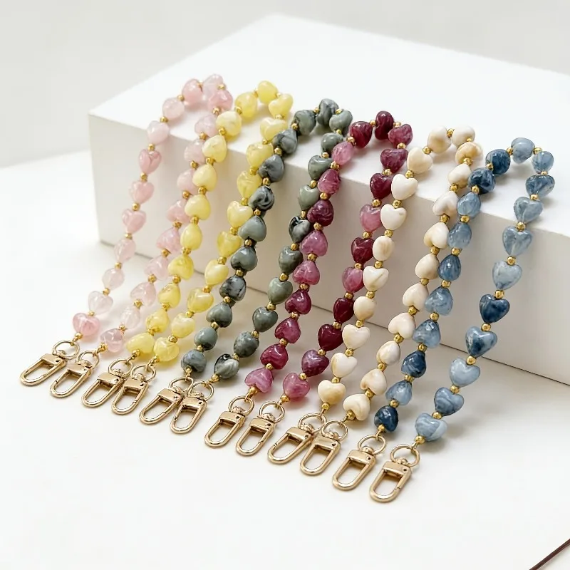 Fashion Acrylic Mobile Phone Chain Love Heart Pendant Beaded Telephone Lanyard Cellphone Hanging Rope For Women Jewelry
