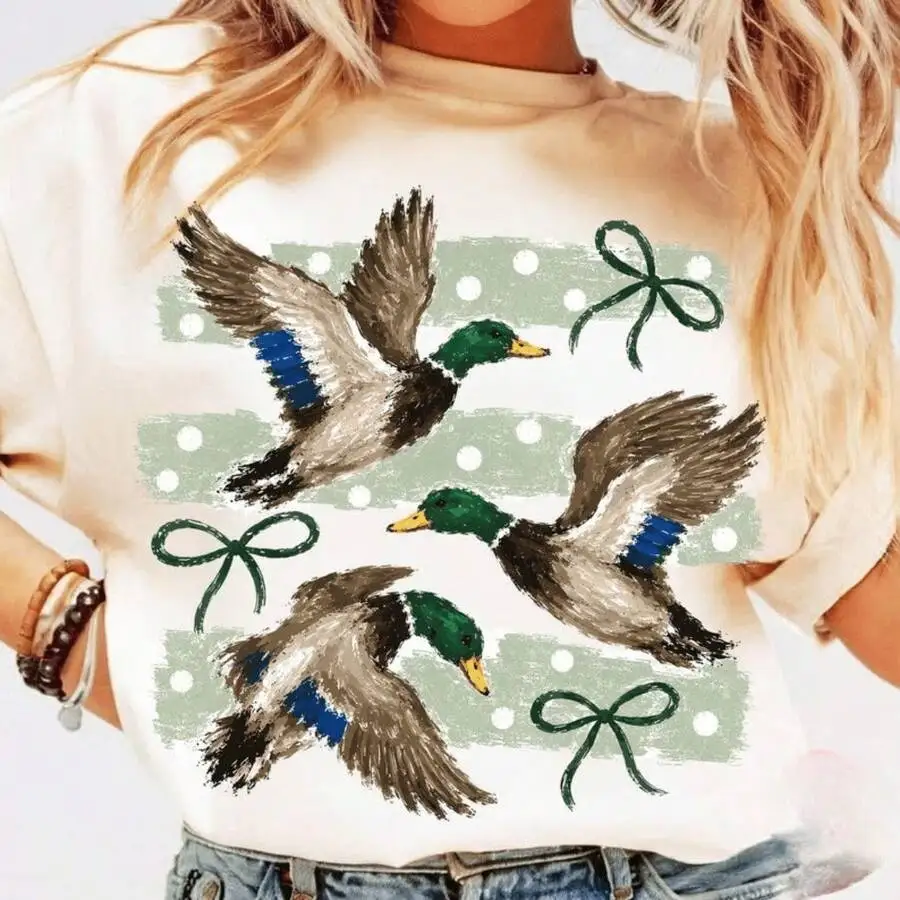 Women's Flying Mallard Ducks Green Bows Polka Dots Graphic Print T‑Shirt Crew Neck Short Sleeve Casual Tee Top