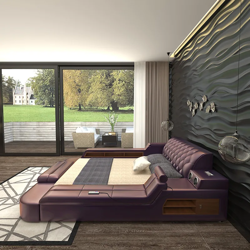 &Factory Wholesale Modern Brown Bedroom Furniture Leather Bed with Speaker USB Charger Massage Sofa Bed Sets