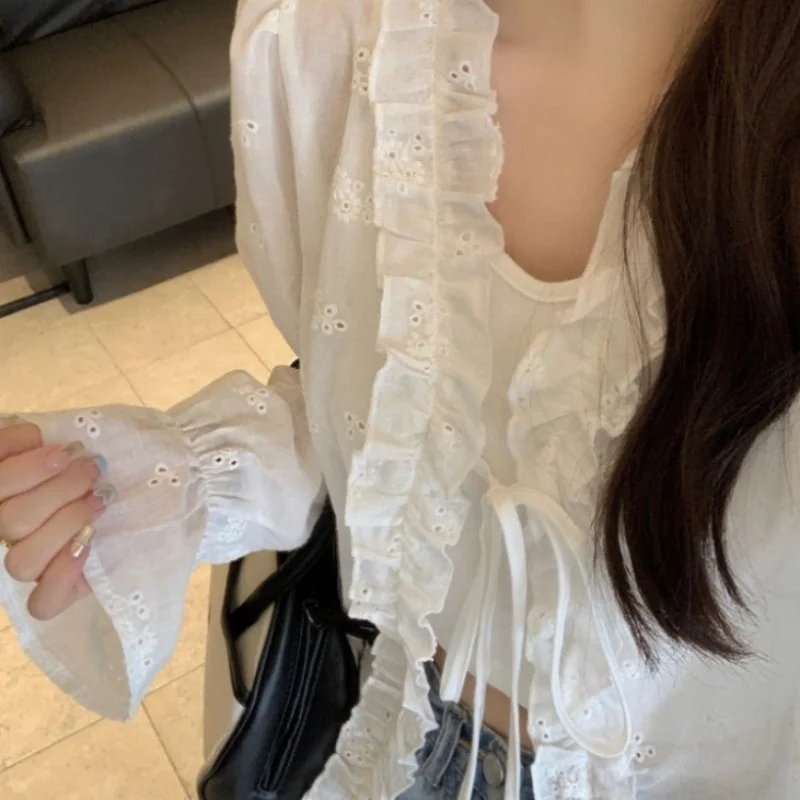 

Korean Sle Women's Lace Sun Protection irt V-Ne Hollow out Outerwear Spring Faion Set Casual Long Sve Polyester