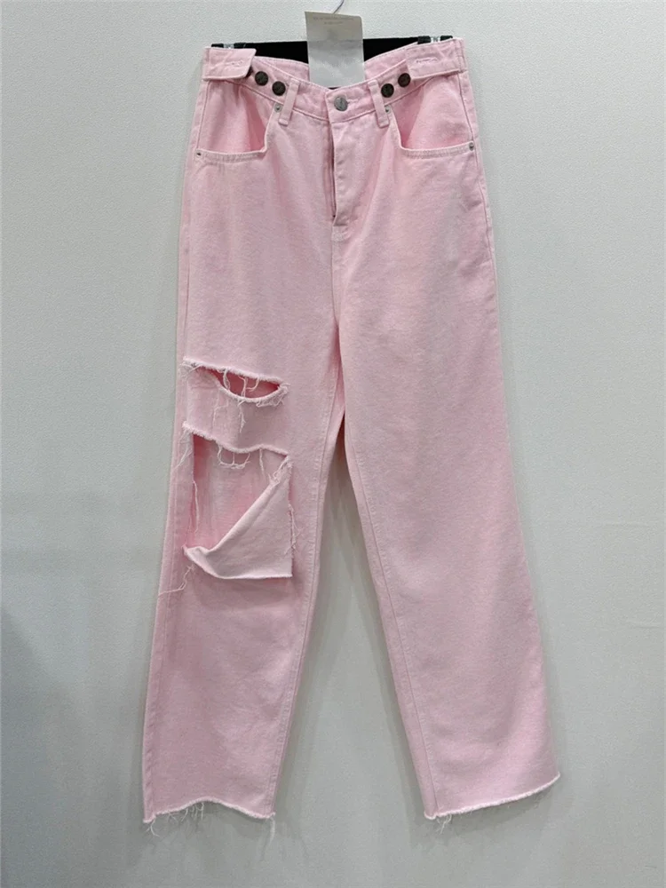 REALEFT 2024 New Hole Pink Women\'s Denim Wide Leg Pants High Waist Spring Summer Casual White Jeans Straight Trourses Female