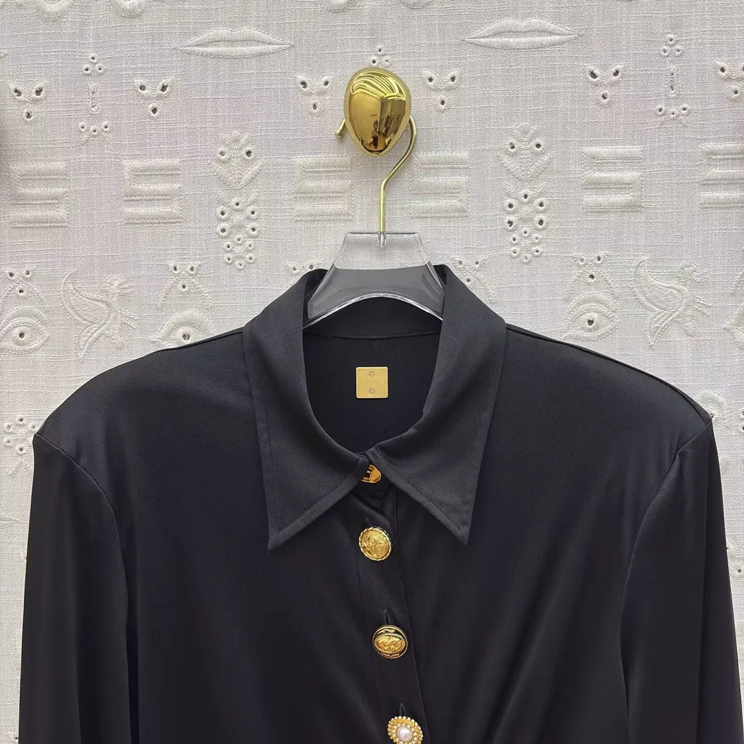 Robe longue en Satin et acétate pour femmes, élégante, couleur unie, revers, boutons dorés, décoration pliable, nouveauté, robes Vintage