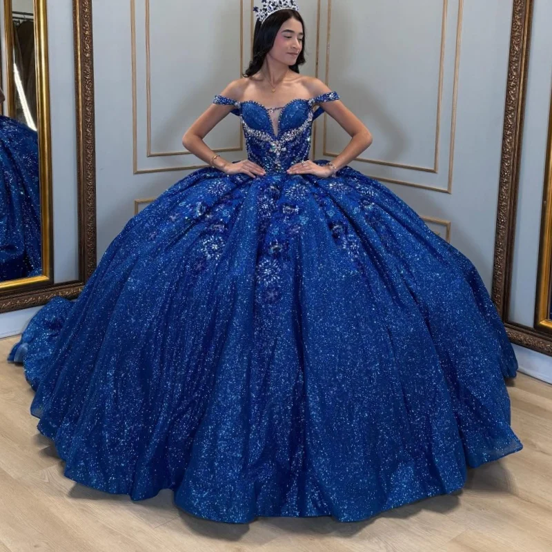 

Royal Blue Shiny Quinceanera Dresses Ball Gown Off The Shoulder Sequin Applique Lace Beading Crystal Tull Corset Party Birthday