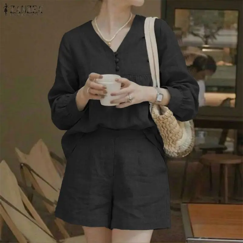 

2026 ZANZEA Женский весенний модный комплект: топ с V-образным вырезом и длинными рукавами, шорты, однотонный комплект из 2 предметов, повседневный праздничный спортивный костюм оверсайз