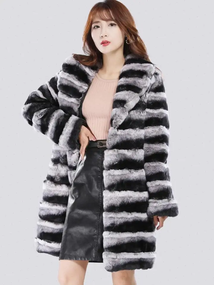 Rex Rabbit Fur Fur Coat Women's Winter Warm Mink Coat Casual Medium Long Thick Trench Coat Plus Size Jacket striped 2025
