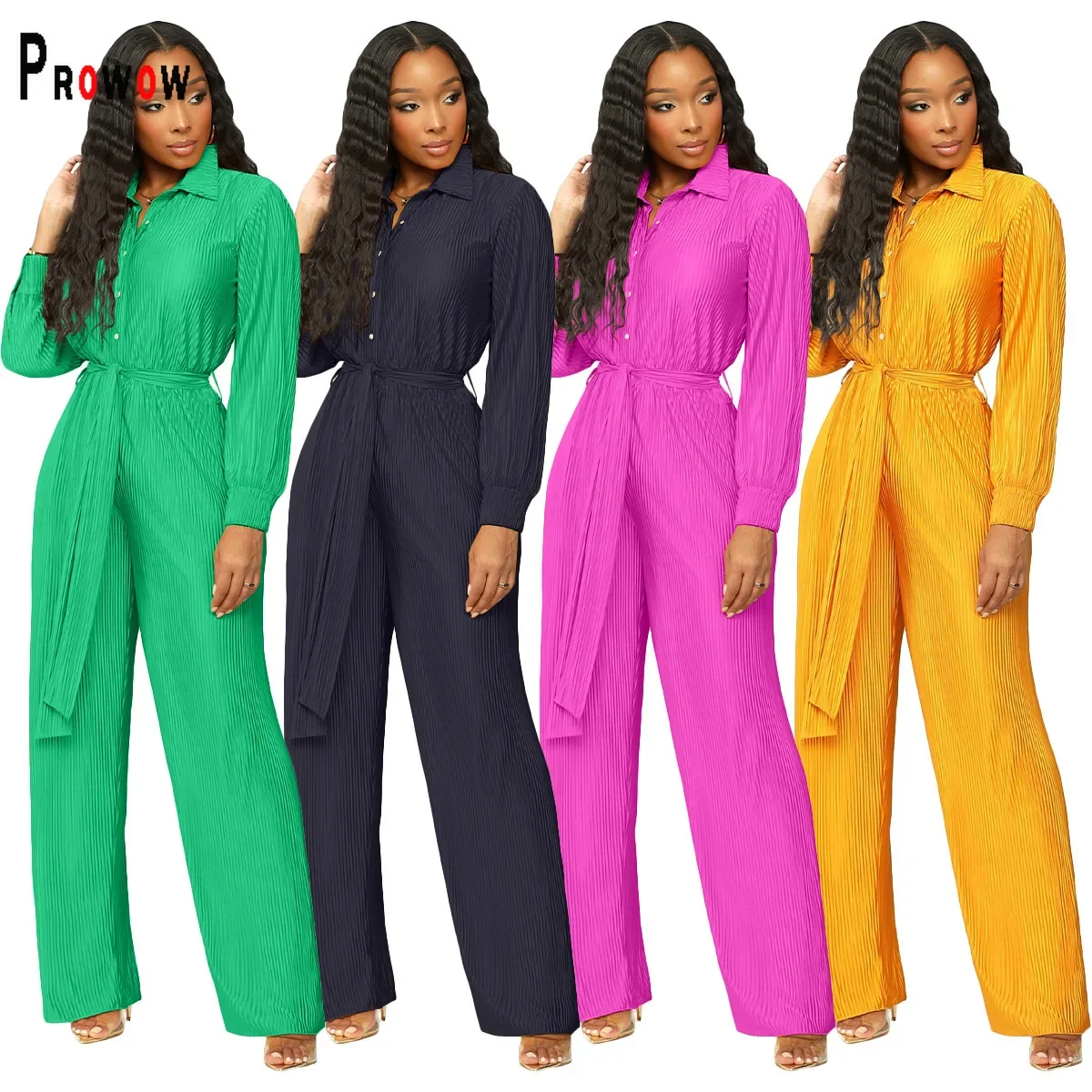 

Prowow Fashion Women Jumpsuits Solid Color Slim Fit One-piece Long Sleeve Female Romper Spring Fall Clothing with Belt