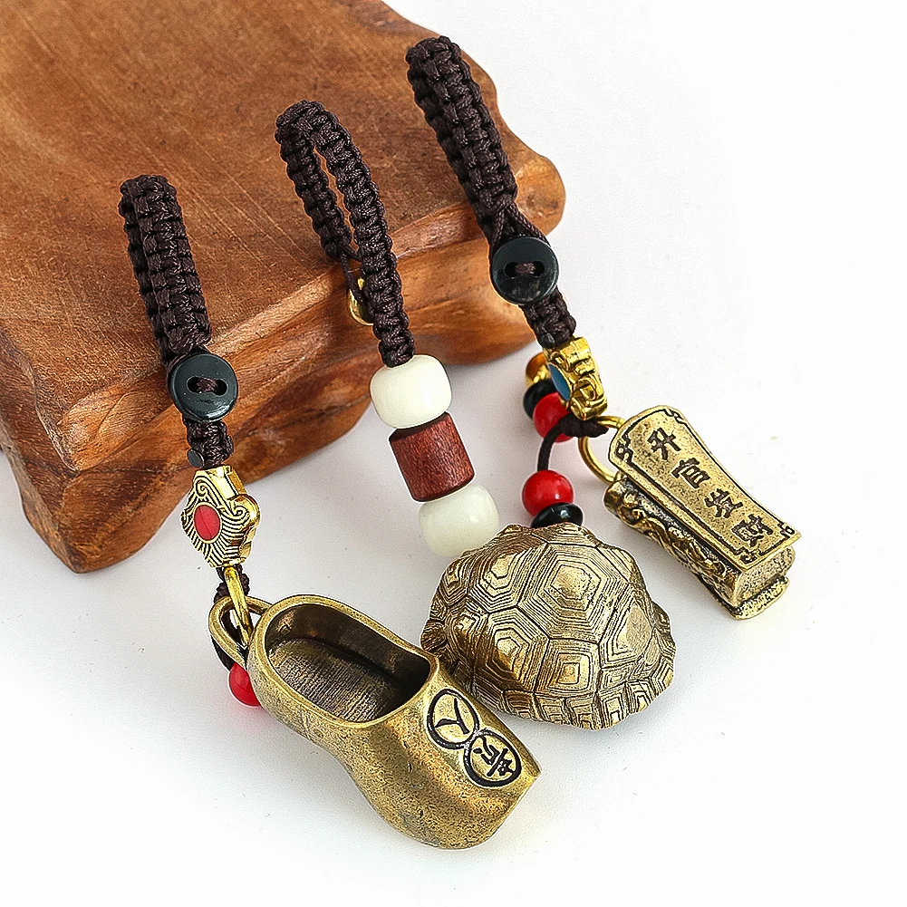 Vintage Brass Wind Chime Charm Turtle Shell Luck-bringing Keychain Backpack Pendant Car Rearview Mirror Ornament Amulet