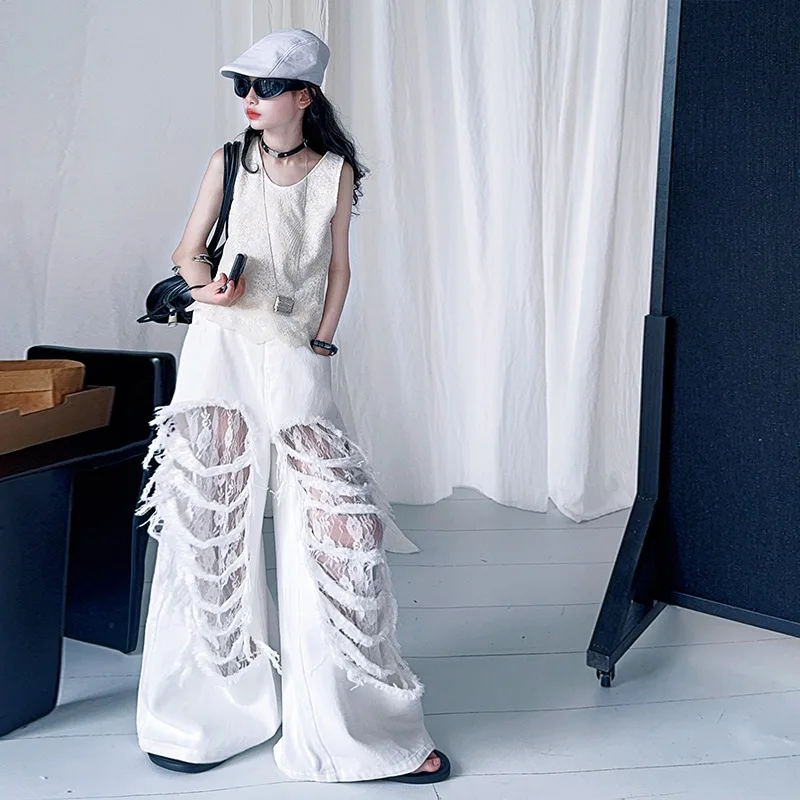 

Комплект уличной одежды для детей: модный костюм в стиле Y2K для девочек, летняя футболка и брюки с эффектом потертости