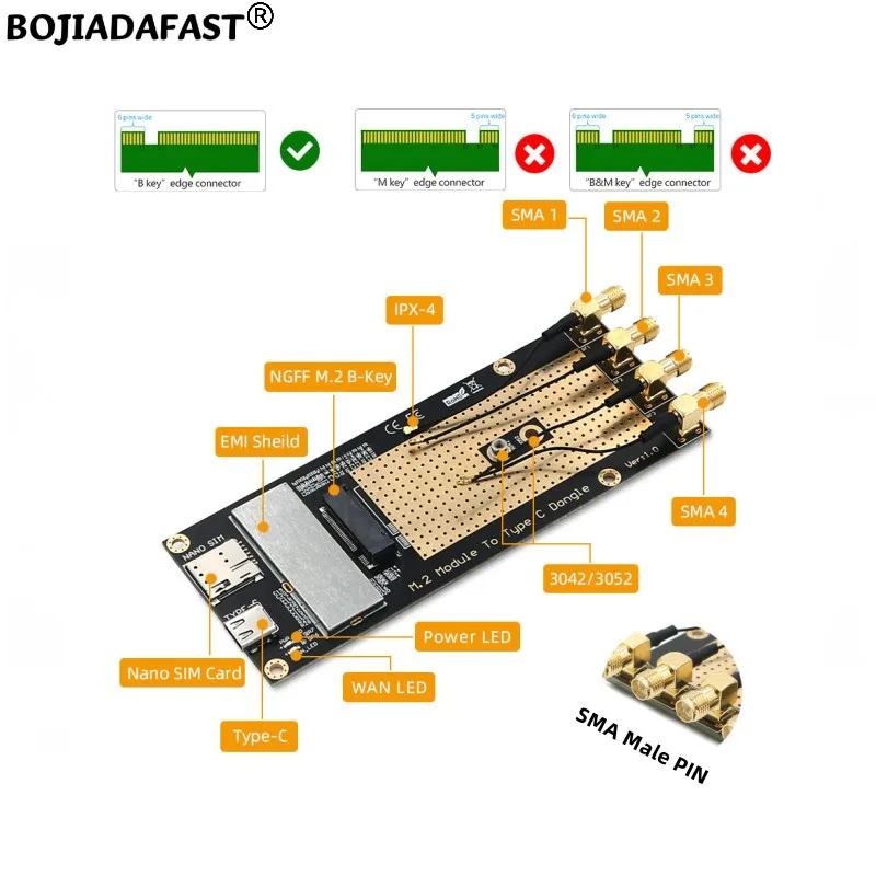 USB Type-C To NGFF M.2 Key-B Slot Wireless Adapter 1 Nano SIM Card Holder 4 Antenna For RM520N-GL SIM8200 5G 4G LTE Modem Module