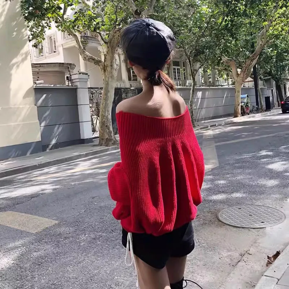Корейские осенние свитера с открытыми плечами, женские пуловеры с длинными рукавами и шнурком, 2024, шикарные свободные вязаные топы с вырезом на шее